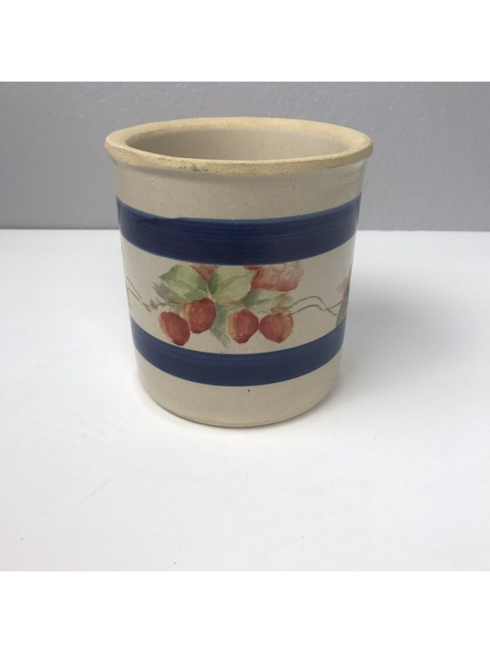 Roseville Ohio USA RRP Co Crock 303-E Blue Band Strawberry Pattern Stoneware